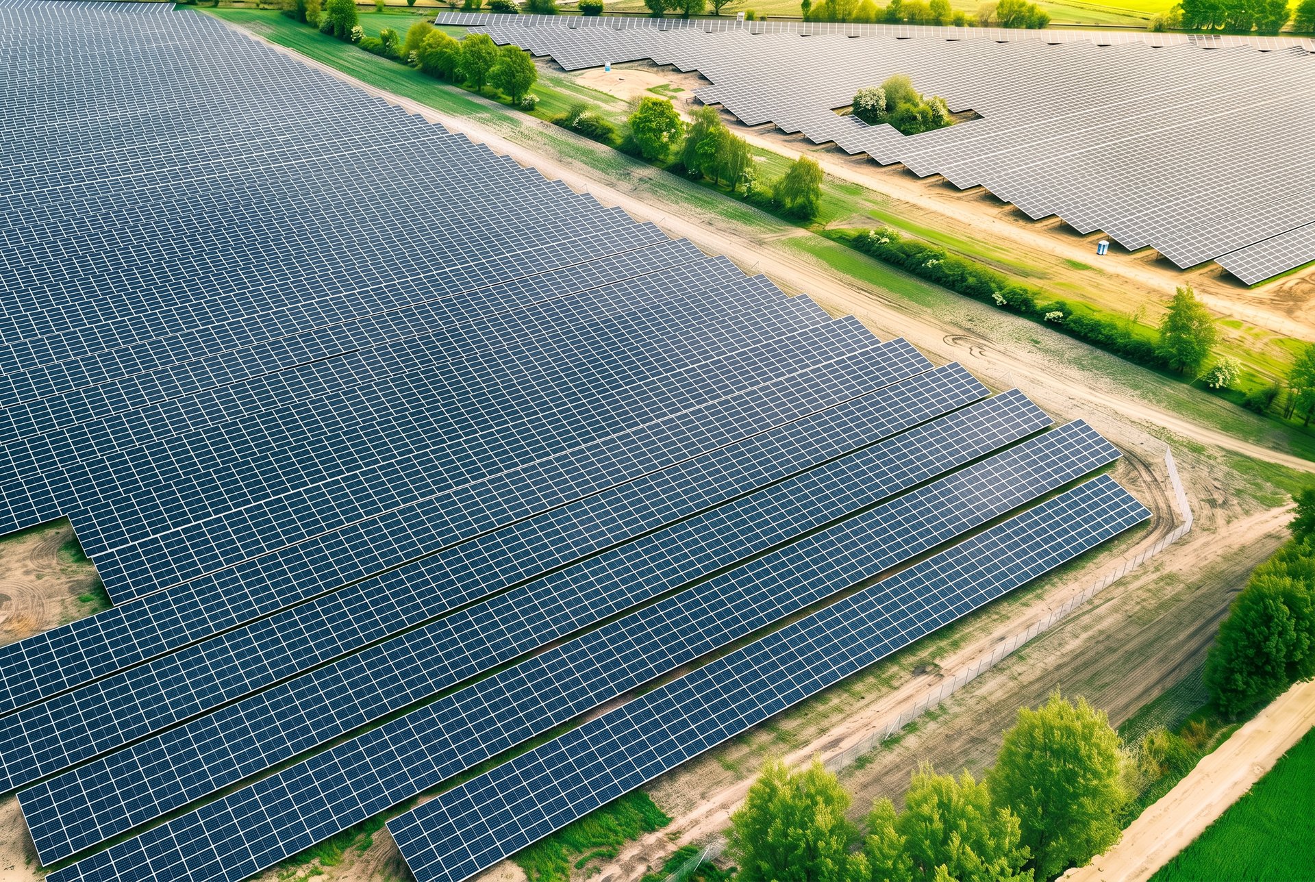 Großflächiger Solarpark im goldenen Sonnenuntergang
